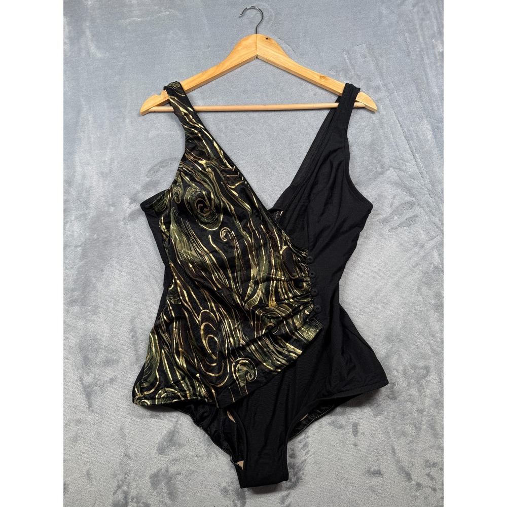 Maxine of Hollywood One Piece Swimsuit Women 20W Black Gold Metallic Swirl Nylon